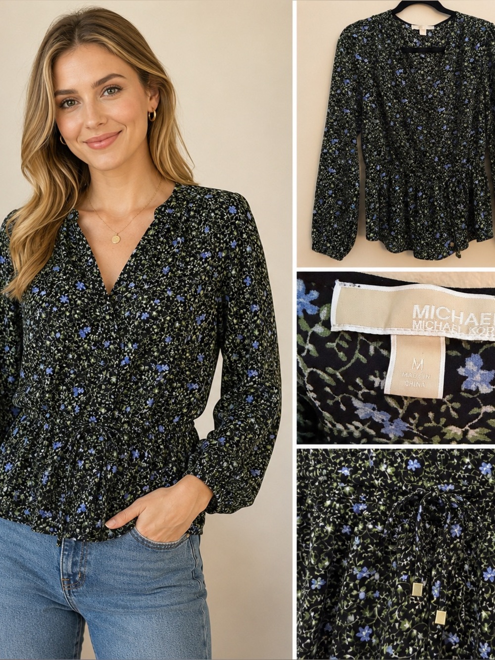 Michael Michael Kors Floral Peplum Blouse | Black Blue Print | Medium